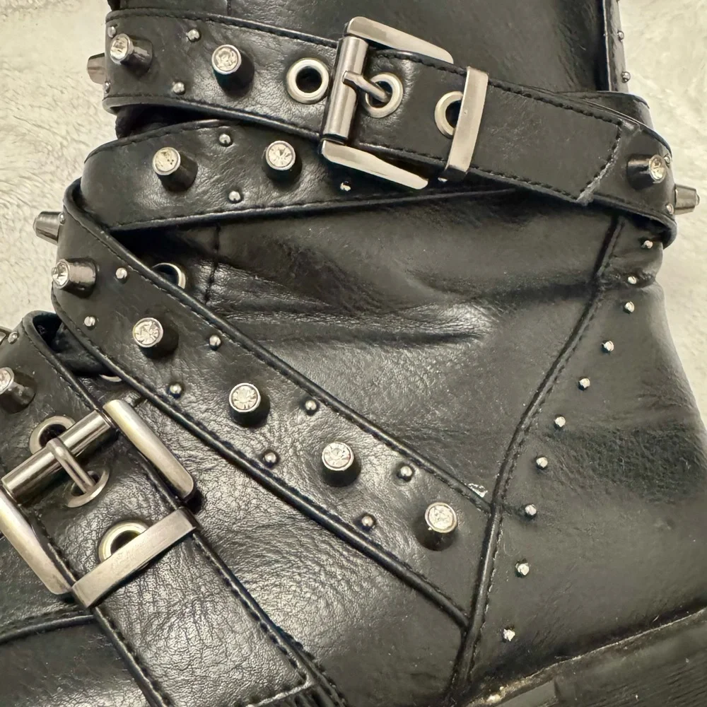 Rhinestone & Studded Black/Silver Combat Boots 9 - Picture 4 of 7